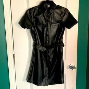 H&M Divided Black Faux Leather Dress With Belt in Size XS